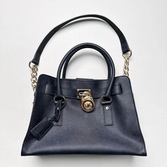 Michael Kors Selma Satchel Bag Womens Saffiano Leather Gold Padlock Key Purse Ha - Picture 1 of 16